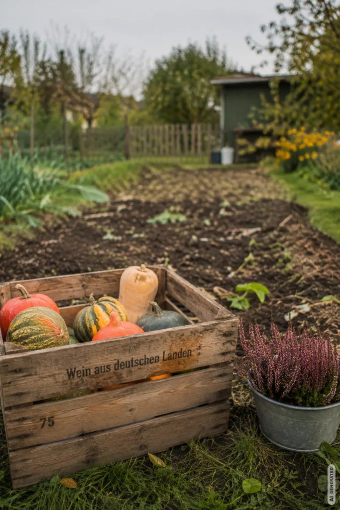 Herbstdeko im Schrebergarten mit Holzkiste, Kürbissen und Heide am abgeernteten Beet.