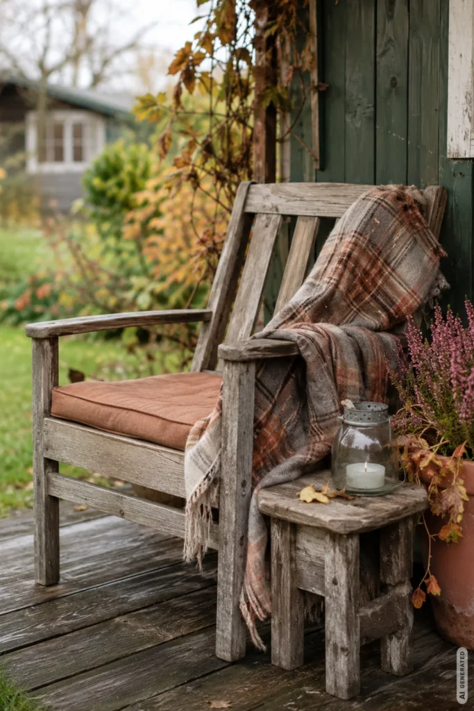 Herbstdeko für den Schrebergarten: gemütlicher Sitzplatz mit Holzstuhl, Decke, Heide und Windlicht.