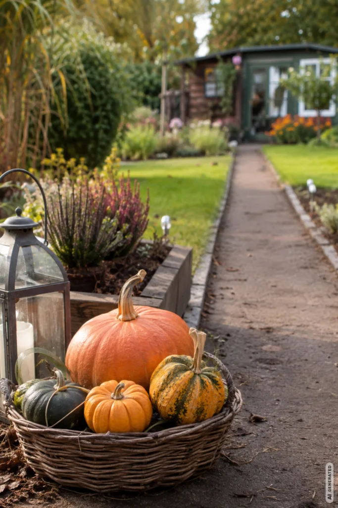 Herbstdeko für den Schrebergarten mit Kürbissen und Laterne am Gartenweg vor der Gartenlaube.