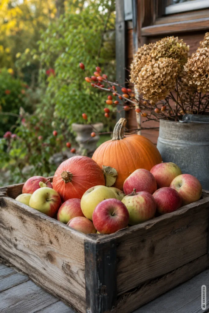 Herbstdeko für den Schrebergarten mit Holzkiste, Äpfeln und Kürbissen vor der Gartenlaube.