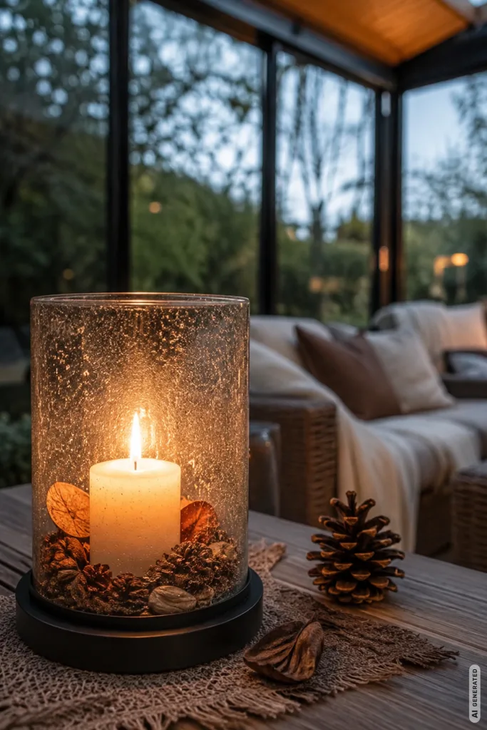 Herbst im Wintergarten: 5 moderne Deko-Ideen für eine gemütliche Atmosphäre Moderne Herbstdeko im Wintergarten mit Kerze, Naturmaterialien und warmem Licht.