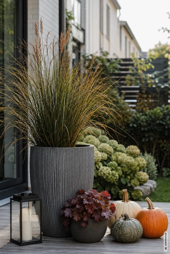 Moderne Herbstdeko für den Reihenhausgarten mit Pflanzkübeln, Ziergras, Kürbissen und Laterne auf der Terrasse.
