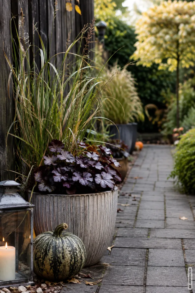 Moderne Herbstdeko für den Reihenhausgarten mit Pflanzkübel, Ziergras, Kürbis und Laterne am schmalen Gartenweg.