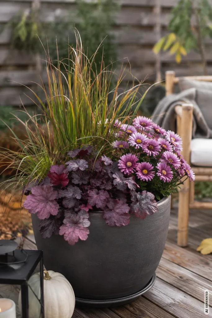 Moderne Herbstdeko im Reihenhausgarten mit Ziergras, Purpurglöckchen und Herbstastern im Pflanzkübel.