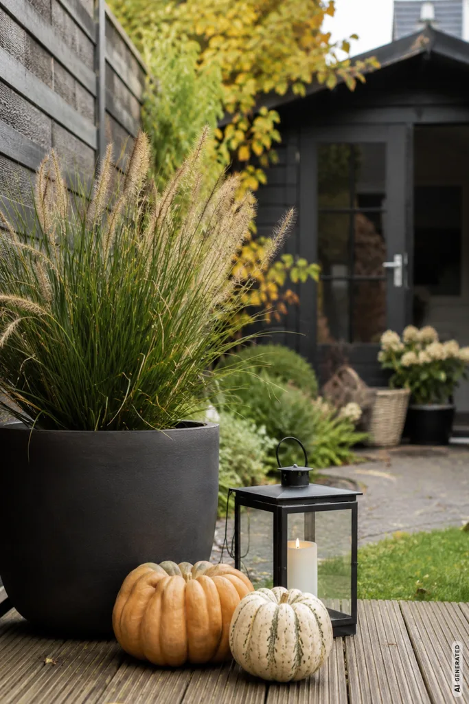 Moderne Herbstdeko im Reihenhausgarten mit Ziergras, Kürbissen und Laterne vor dem Gartenhaus.