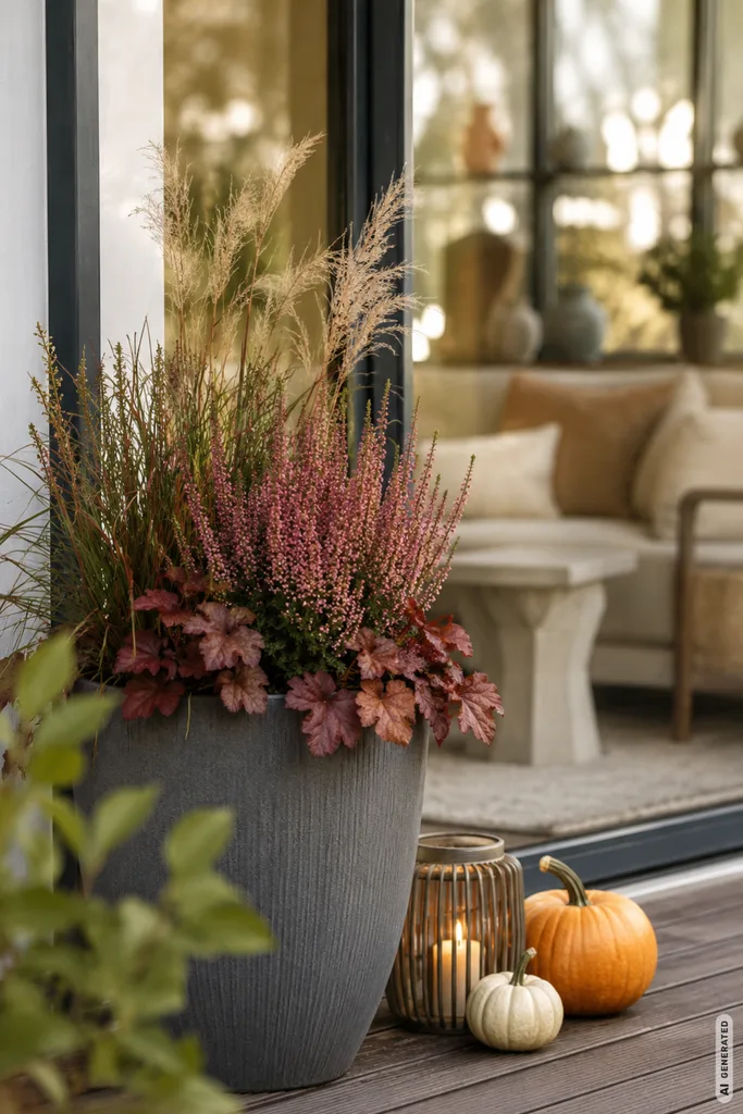 Moderne Herbstdeko für die Terrassentür mit bepflanztem Kübel, Heide, Gräsern, Laterne und Kürbissen.