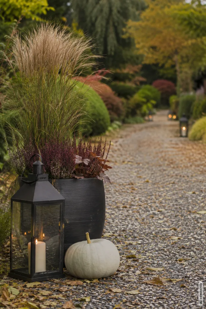 Moderne Herbstdeko im großen Garten mit Pflanzkübel, Laterne und Kürbis an einem herbstlichen Gartenweg.
