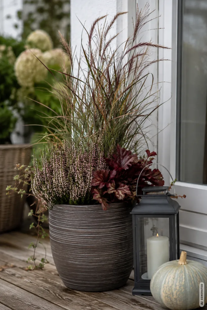 Moderne Herbstdeko für die Terrassentür mit bepflanztem Kübel, Ziergräsern, Heide, Laterne und Kürbis.