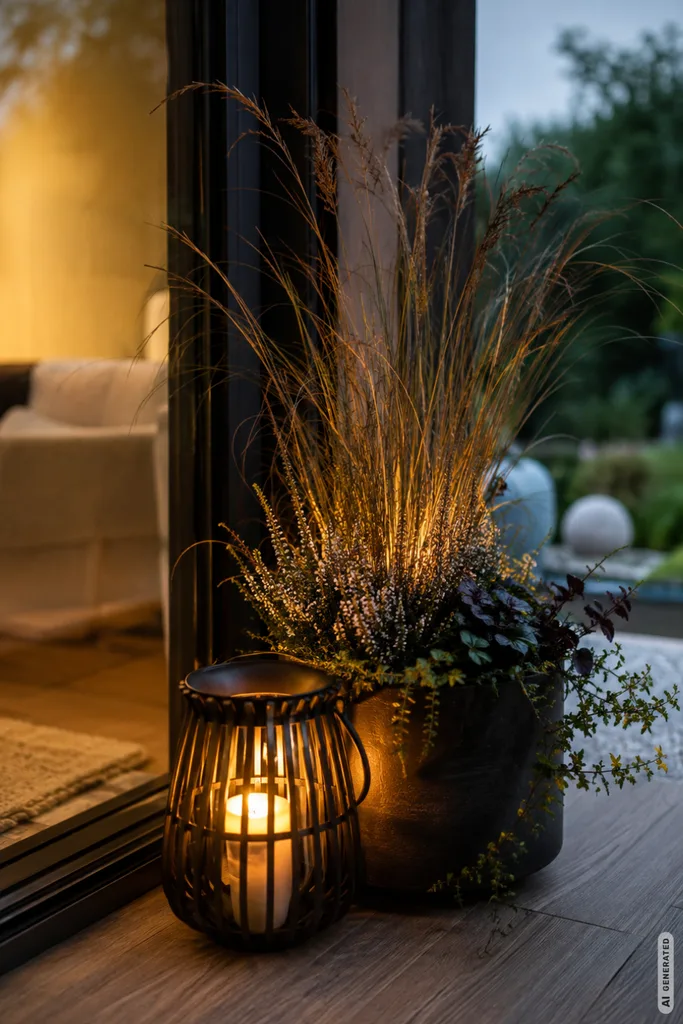Moderne Herbstdeko für die Terrassentür mit Laterne, Gräsern und warmem Licht.
