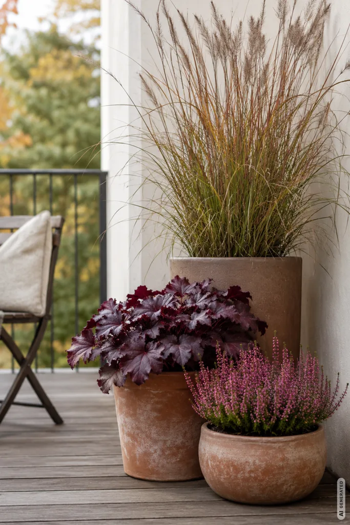 Moderne Herbstdeko für kleine Terrassen mit Heide, Purpurglöckchen und hohem Ziergras in Pflanzkübeln.