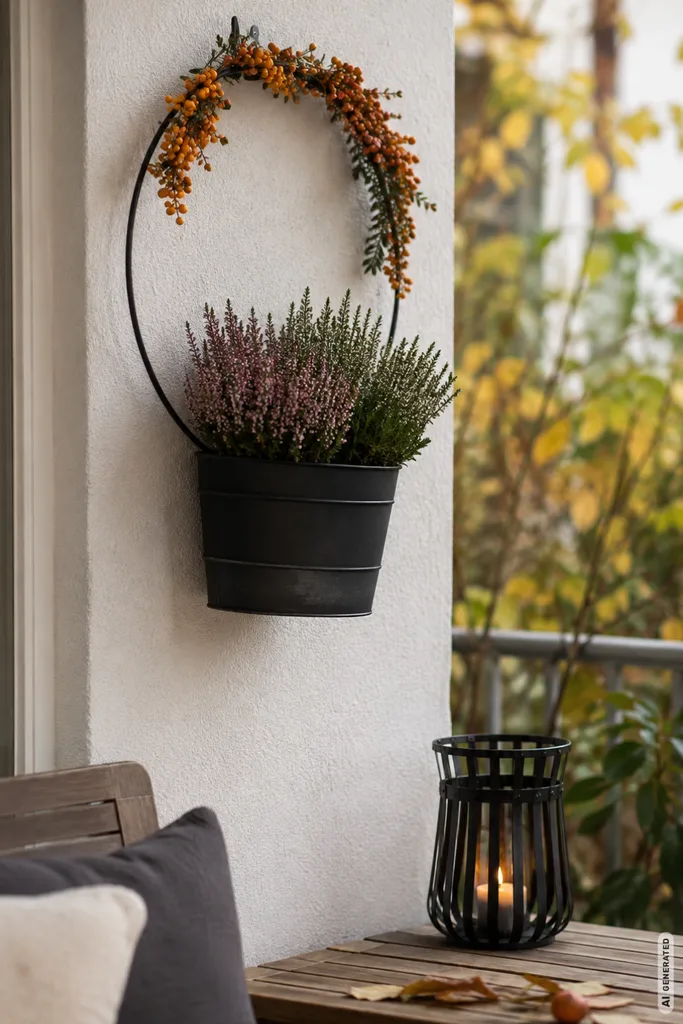 Moderne Herbstdeko für kleine Terrassen mit Wandkranz, Heide und schwarzem Pflanzgefäß.