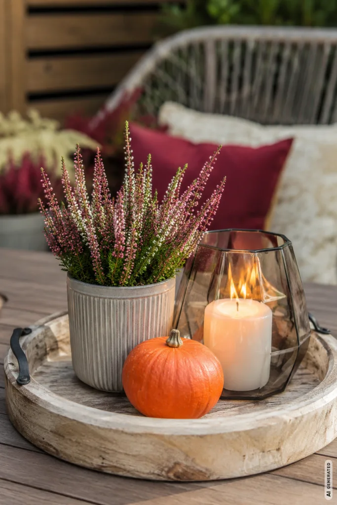 Moderne Herbstdeko für kleine Terrassen mit Heide, Kürbis und Laterne auf einem Holztablett.