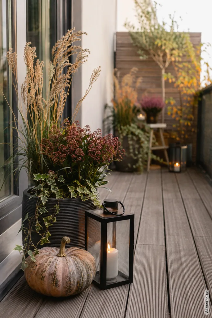 Moderne Herbstdeko für kleine Terrassen mit Pflanzkübel, Kürbis und Laterne am schmalen Terrassenrand.