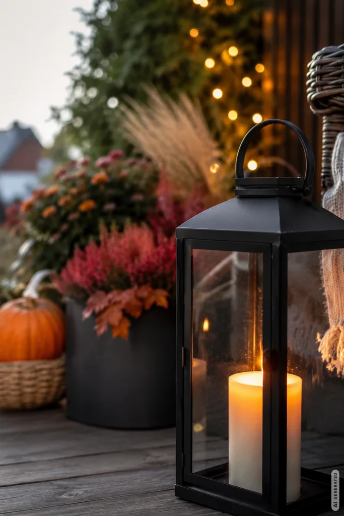 Moderne Herbstdeko für kleine Terrassen mit Laterne, warmem Licht, Heide und Kürbis.