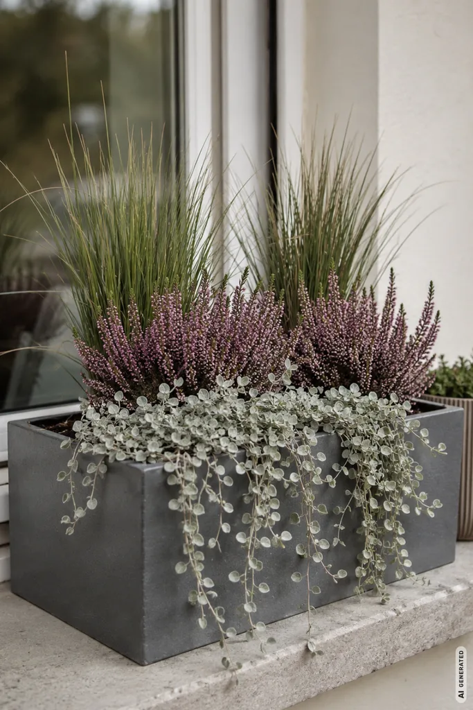 Moderne Herbstdeko für den Blumenkasten mit Gräsern, Heide und silbernem Blattschmuck.