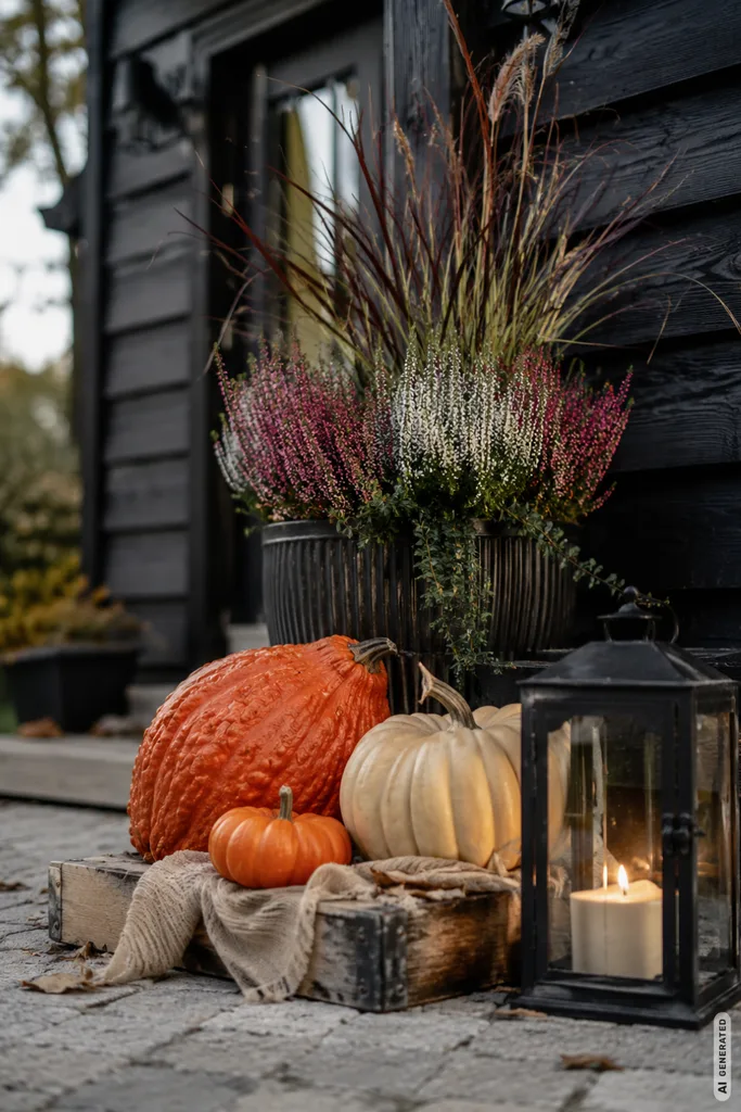 Moderne Herbstdeko für den großen Garten mit Kürbissen, Heide, Gräsern und Laterne am Gartenhaus.