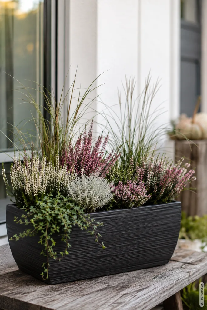 Moderne Herbstdeko für den Blumenkasten mit Heide, Gräsern und silbernem Laub.