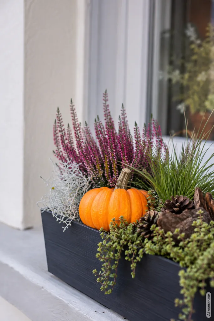 Moderne Herbstdeko für den Blumenkasten mit Kürbis, Heide, Gräsern und natürlichen Zapfen.