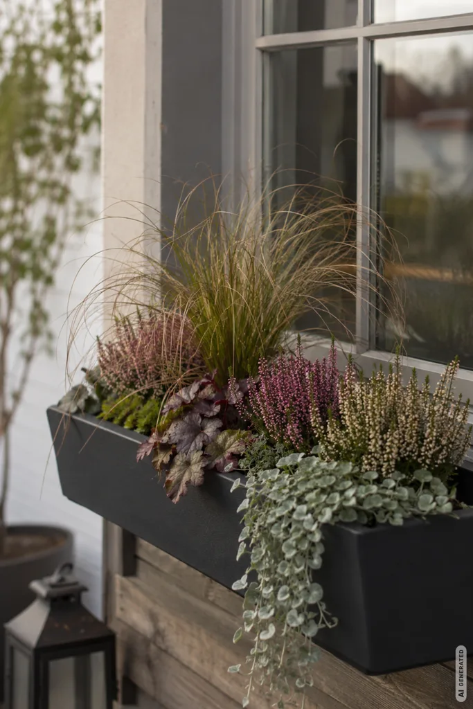 Moderne Herbstdeko für den Blumenkasten mit Gräsern, Heide und silbrigem Laub am Fenster.