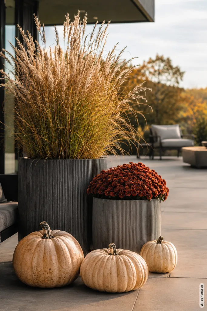 Moderne Herbstdeko für große Terrassen mit Pflanzkübeln, Gräsern und hellen Kürbissen.