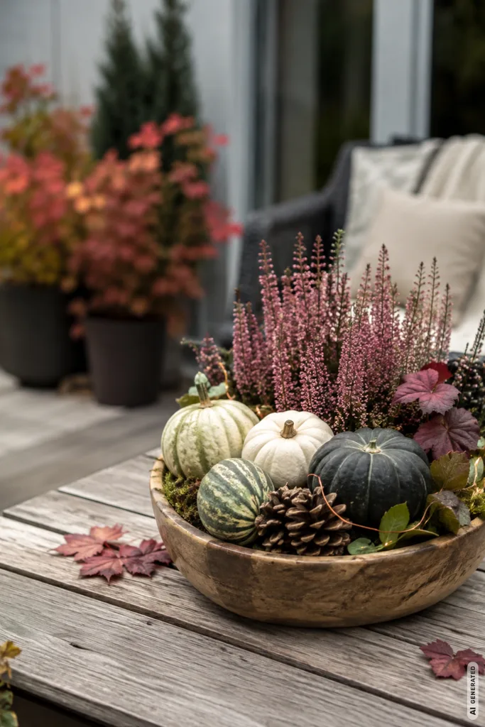 Moderne Herbstdeko für große Terrassen mit Kürbissen, Heide und wiederkehrenden Naturtönen.