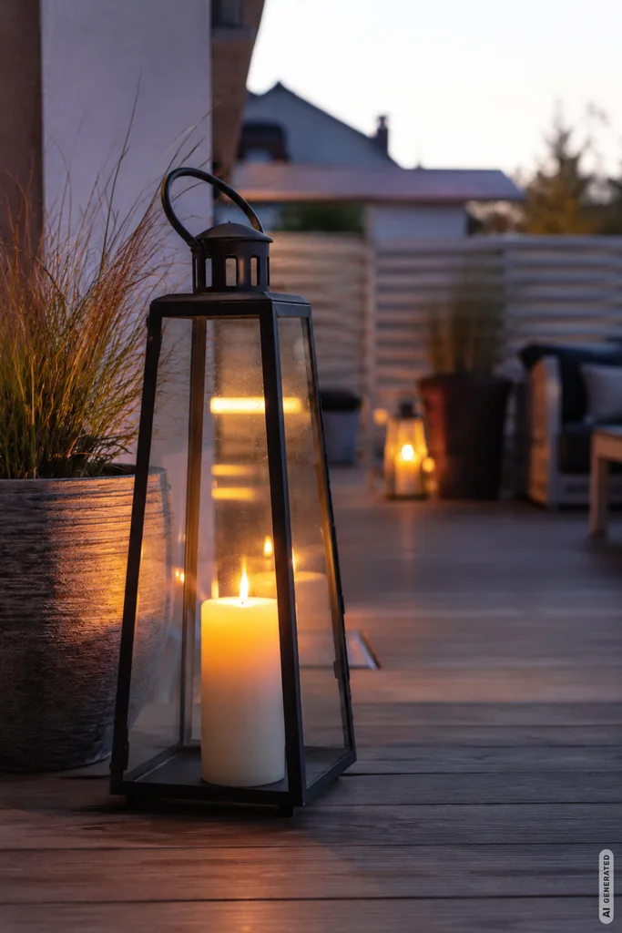 Moderne Herbstdeko für große Terrassen mit Laterne, Kerze und warmen Lichtpunkten am Abend.