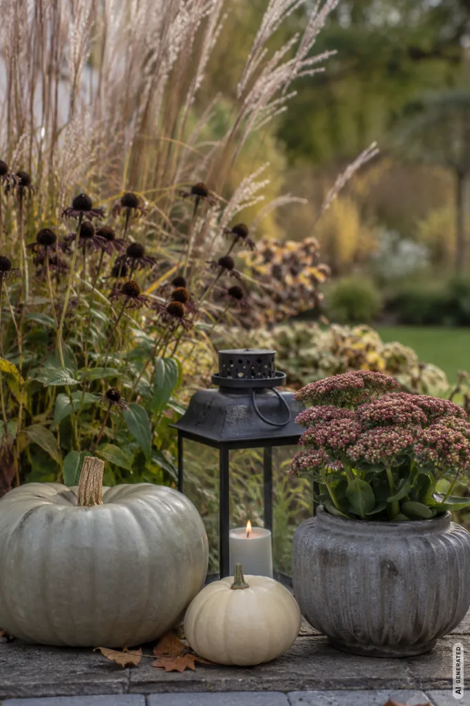 Moderne Herbstdeko im großen Garten mit Kürbissen, Fetthenne, Ziergräsern und Laterne.