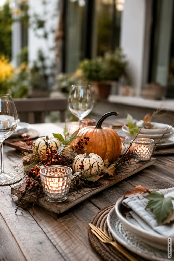 Herbstdeko für die Gartenparty mit Kürbissen, Windlichtern und Naturmaterialien auf einem gedeckten Gartentisch.
