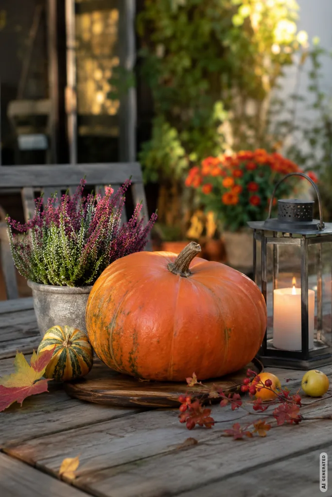 Herbstdeko für die Gartenparty mit Kürbis, Heide und Laterne auf einem Holztisch im Garten.