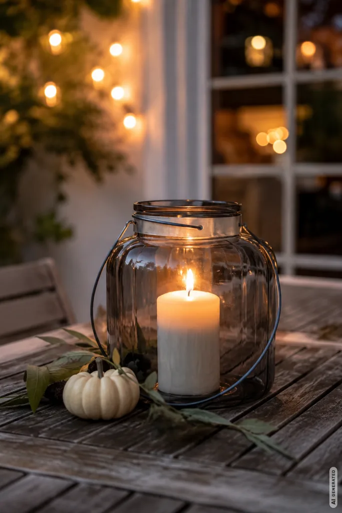 Herbstdeko für die Gartenparty mit Windlicht, Kerze, Kürbis und warmem Licht auf einem Holztisch.