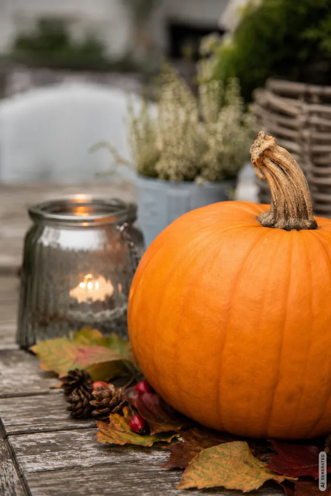 Herbstdeko für die Gartenparty mit Kürbis, Windlicht und robusten Naturmaterialien auf einem Holztisch.