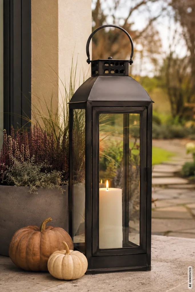 Herbstdeko für die Gartenparty mit Laterne, Kürbissen und Pflanzkübel an der Terrassentür im Garten.