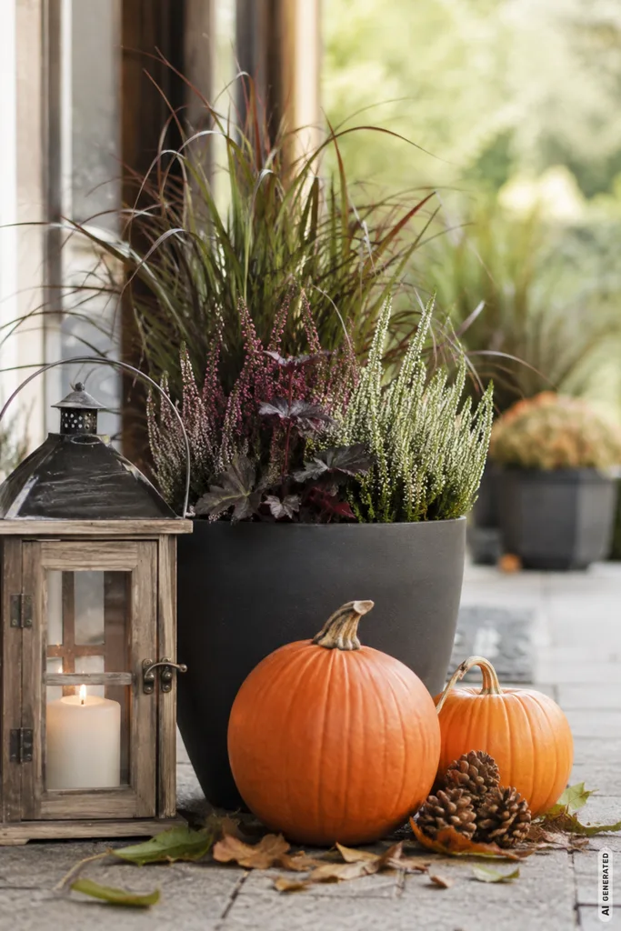 Wetterfeste Herbstdeko für den Garten mit Pflanzkübel, Kürbissen und Laterne für Regen und Wind.