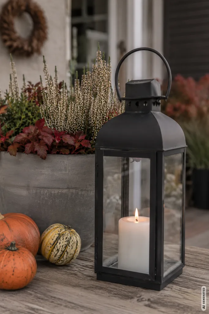 Wetterfeste Laterne mit LED-Kerze neben Pflanzkübel als herbstliche Lichtdeko im Garten.