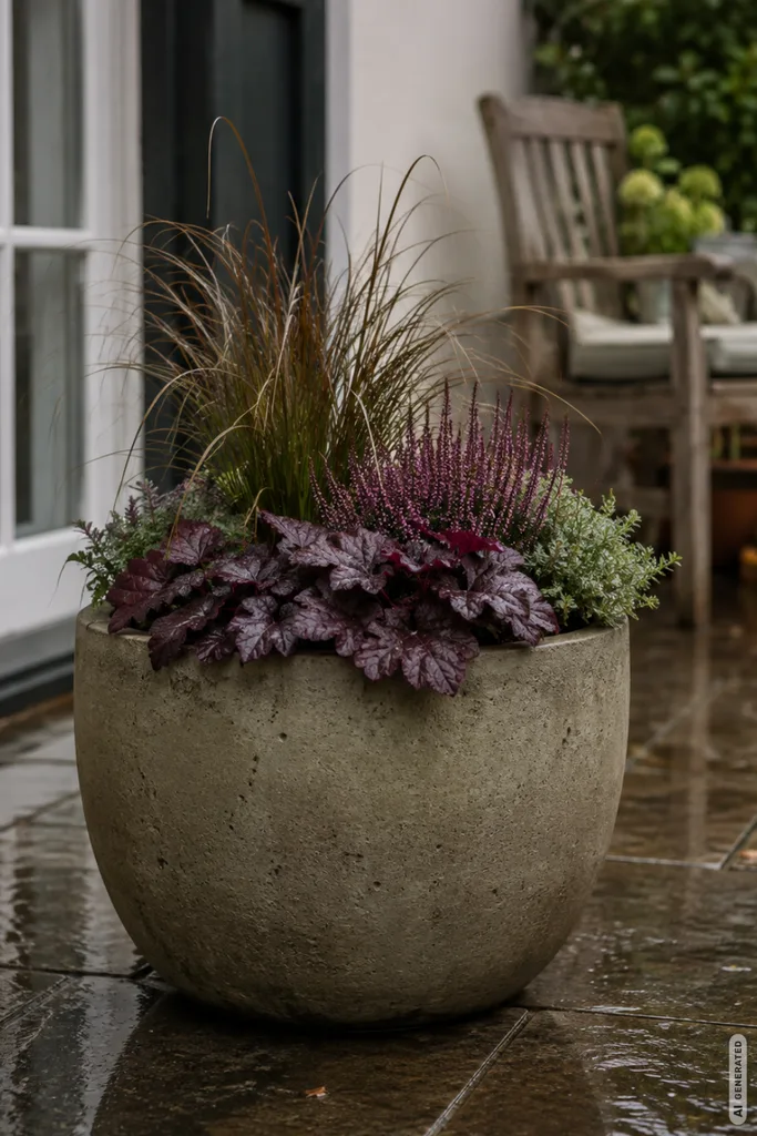 Herbstdeko für die Terrasse: 5 Ideen, die nicht beim ersten Regen schlappmachen Wetterfeste Herbstdeko für die Terrasse mit schwerem Pflanzgefäß, Heide, Purpurglöckchen und Gräsern.