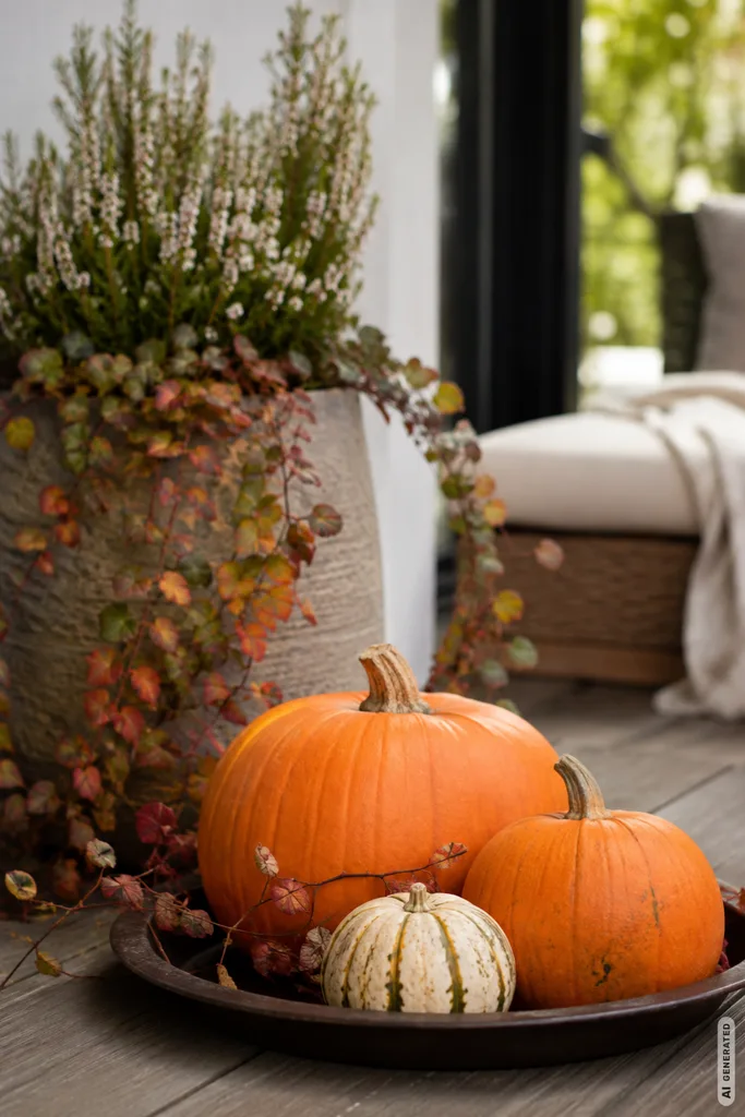 Herbstdeko für die Terrasse: 5 Ideen, die nicht beim ersten Regen schlappmachen Wetterfeste Herbstdeko für die Terrasse mit Kürbissen auf einer stabilen Metallschale im Außenbereich.