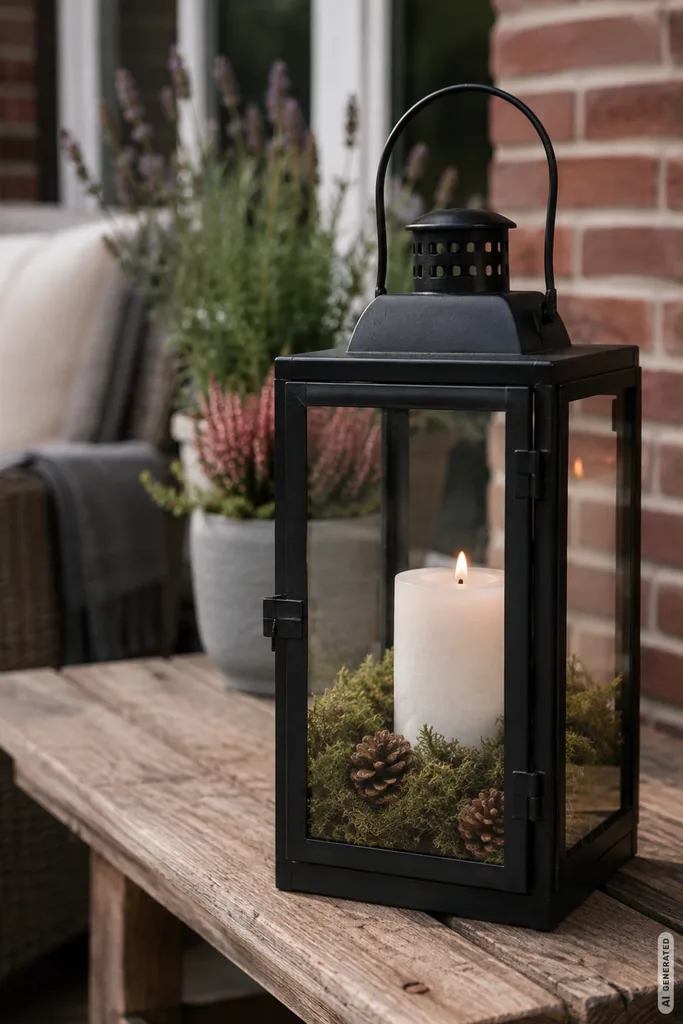Herbstdeko für die Terrasse: 5 Ideen, die nicht beim ersten Regen schlappmachen Wetterfeste Herbstdeko für die Terrasse mit schwarzer Laterne, Kerze und herbstlicher Bepflanzung.