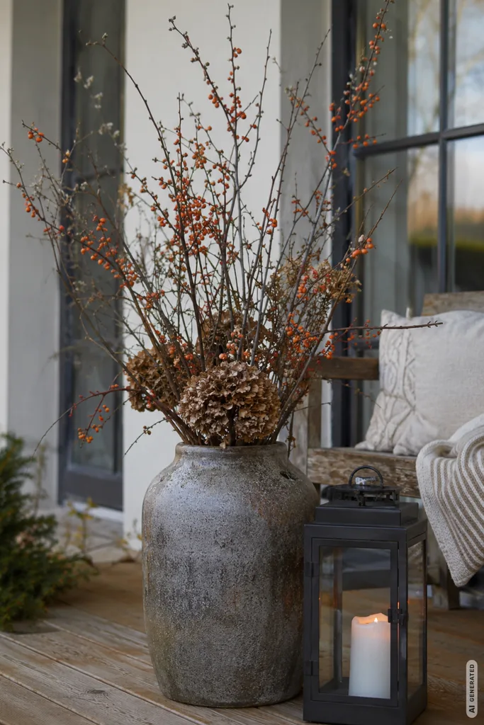 Herbstdeko für die Terrasse: 5 Ideen, die nicht beim ersten Regen schlappmachen Wetterfeste Herbstdeko für die Terrasse mit Zweigen in schwerem Gefäß und robuster Laterne.