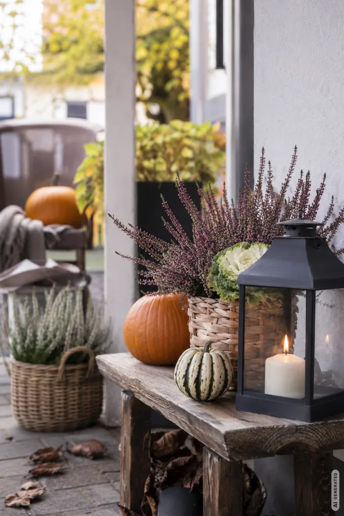 Herbstdeko für die Terrasse: 5 Ideen, die nicht beim ersten Regen schlappmachen Wetterfeste Herbstdeko für die Terrasse mit Kürbis, Heide und Laterne an geschützter Hauswand.