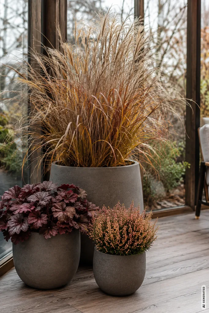 Herbst im Wintergarten: 5 moderne Deko-Ideen für eine gemütliche Atmosphäre Moderne Herbstdeko im Wintergarten mit Ziergras, Purpurglöckchen und Heide in drei Pflanzgefäßen.