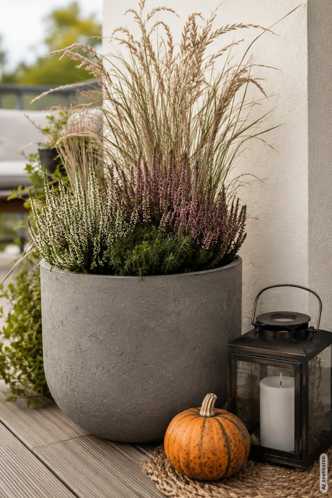 Herbstdeko für den Balkon: Diese 5 Ideen halten Regen und Wind stand Wetterfeste Herbstdeko für den Balkon mit schwerem Pflanzkübel, Heide, Kürbis und Laterne.