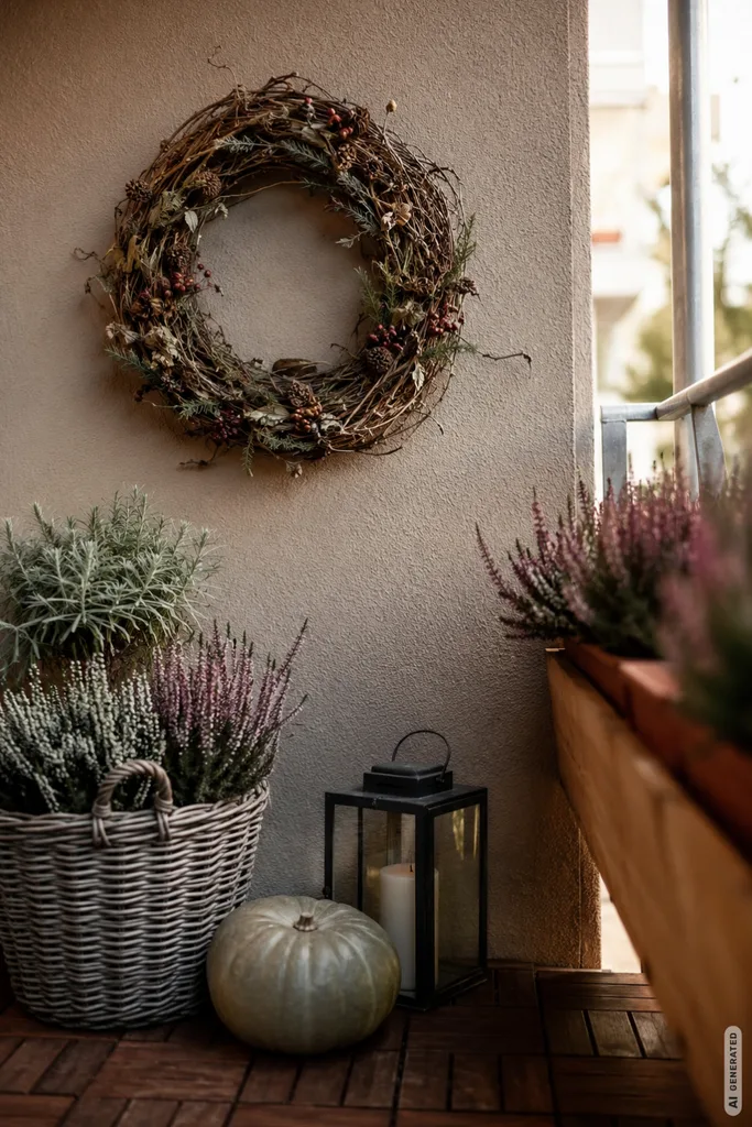 Herbstdeko für den Balkon: Diese 5 Ideen halten Regen und Wind stand Wetterfeste Herbstdeko für den Balkon mit Herbstkranz, Heide, Laterne und Kürbis an geschützter Wand.