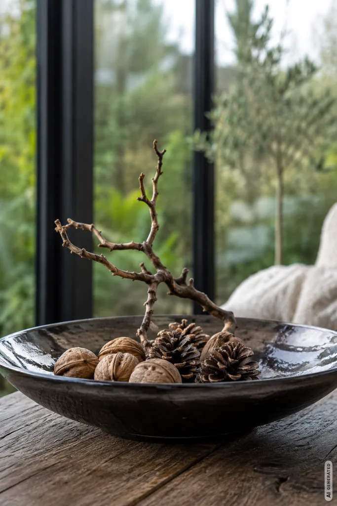 Herbst im Wintergarten: 5 moderne Deko-Ideen für eine gemütliche Atmosphäre Moderne Herbstdeko im Wintergarten mit Schale aus Walnüssen, Zapfen und Zweig auf einem Holztisch.
