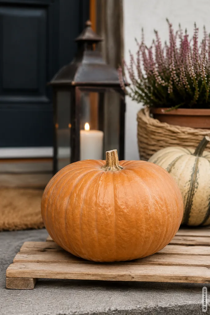 Herbstdeko für den Hauseingang: Diese 5 Ideen halten Regen und Wind stand Wetterfeste Herbstdeko für den Hauseingang mit Kürbissen, Heide und Laterne auf geschützter Unterlage.