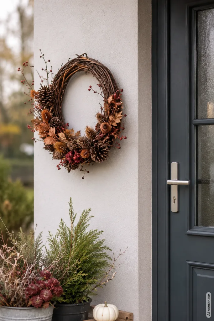 Herbstdeko für den Hauseingang: Diese 5 Ideen halten Regen und Wind stand Wetterfeste Herbstdeko für den Hauseingang mit Herbstkranz, Kürbis und robusten Pflanzen.