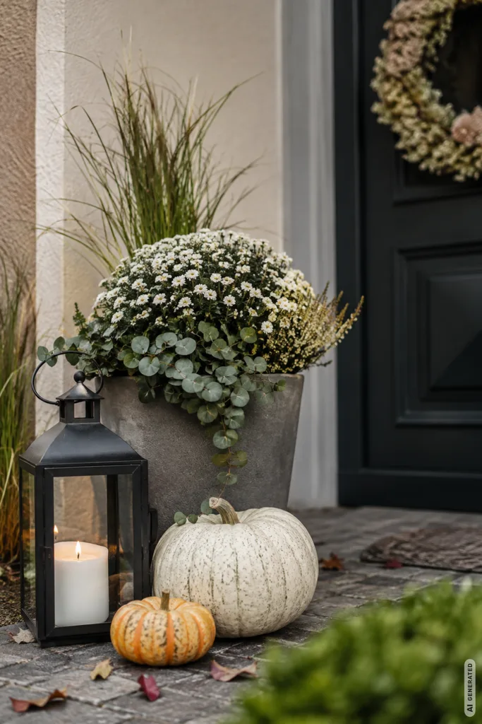 Herbstdeko für den Hauseingang: Diese 5 Ideen halten Regen und Wind stand Wetterfeste Herbstdeko für den Hauseingang mit Pflanzkübel, Laterne und Kürbissen.