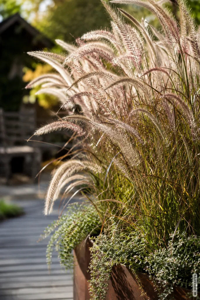 Herbstdeko ohne Kürbis für den Garten mit dekorativen Gräsern in warmem Herbstlicht.