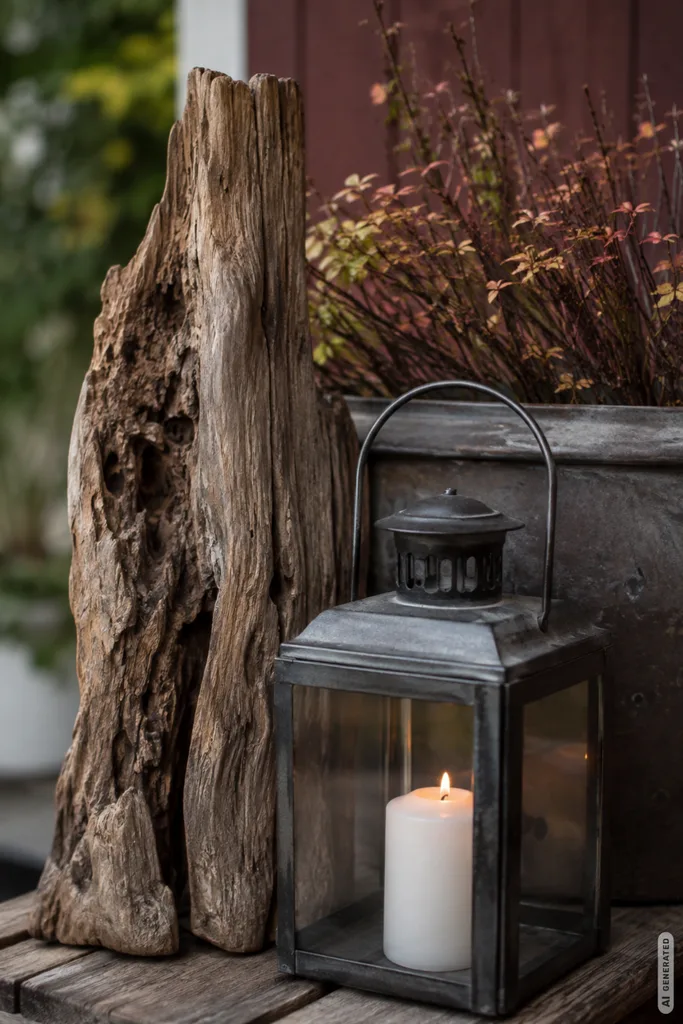Herbstdeko ohne Kürbis für den Garten mit rustikalem Holz, Metalllaterne und herbstlichen Zweigen.