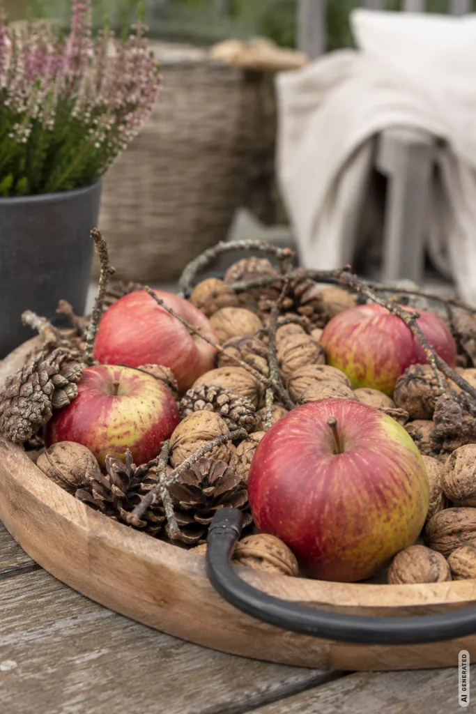 Herbstdeko ohne Kürbis für den Garten mit Äpfeln, Walnüssen und Zapfen in einer rustikalen Holzschale.