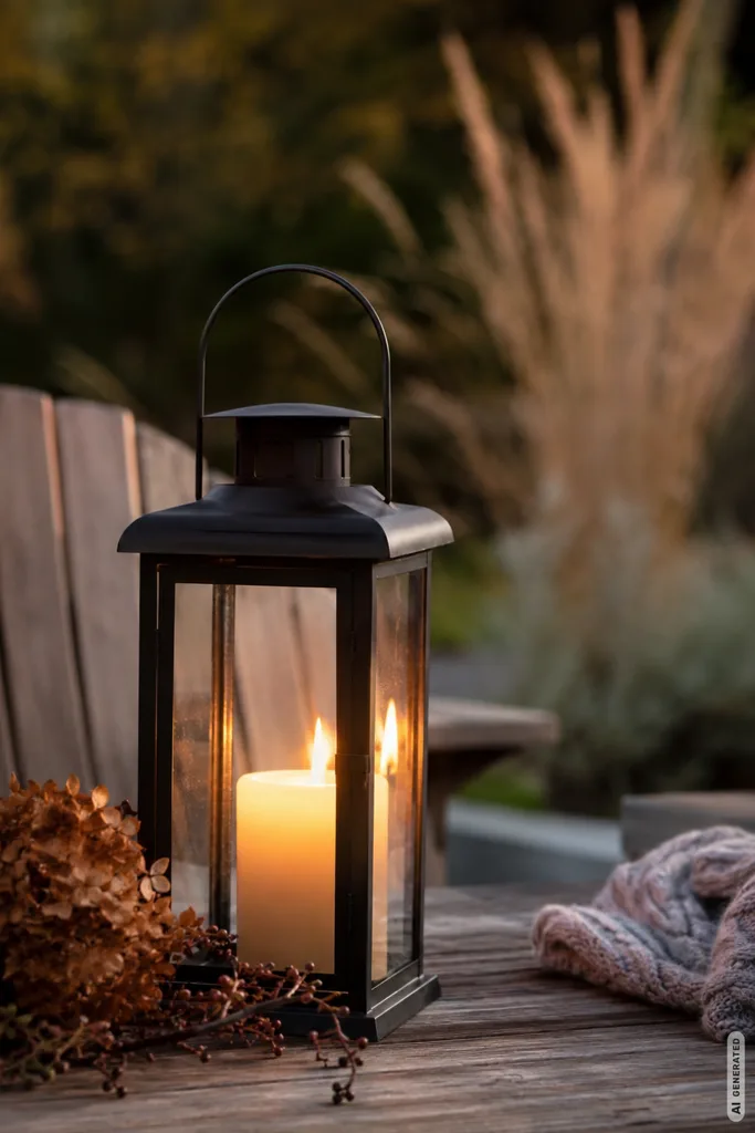 Herbstdeko ohne Kürbis für den Garten mit Laterne, Kerze und natürlichen Herbstmaterialien.